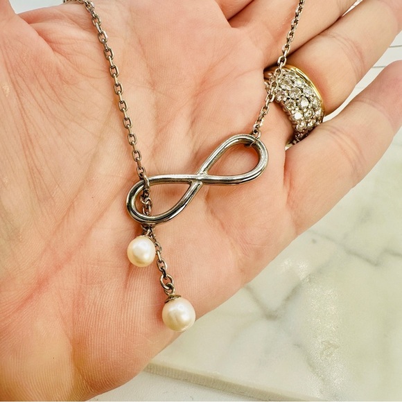 Vantel Pearls Infiniti Necklace Freshwater Pearl Dangle In Silver 18” + Signed - Picture 5 of 9